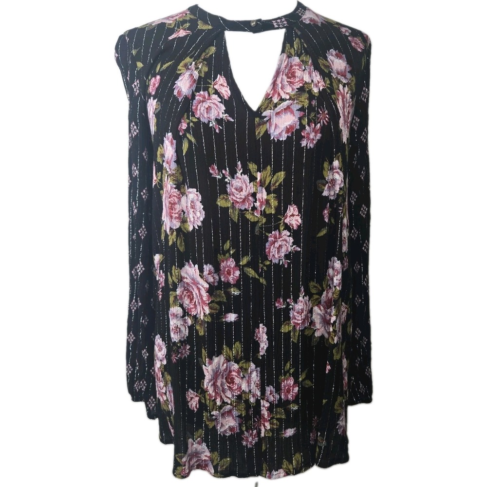 Gypsies & Moondust Black Floral Semi-Sheer Crinkle Long Sleeve Blouse Top SMALL